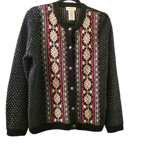 Vintage Womens Houndstooth Angora Nordic Cardigan Knit Sweater White Stag Size L - Picture 1 of 9